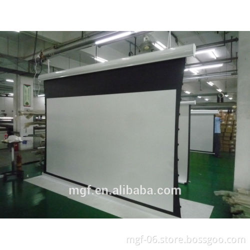 120'' aluminum casing and electric tab-tension projector screen motorized work though remote control projector screen